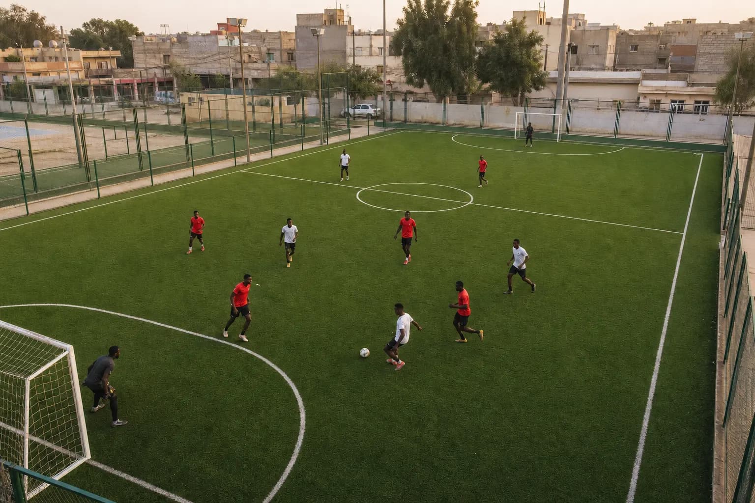 Terrain futsal avec gazon synthétique et tribunes rouges et blanches